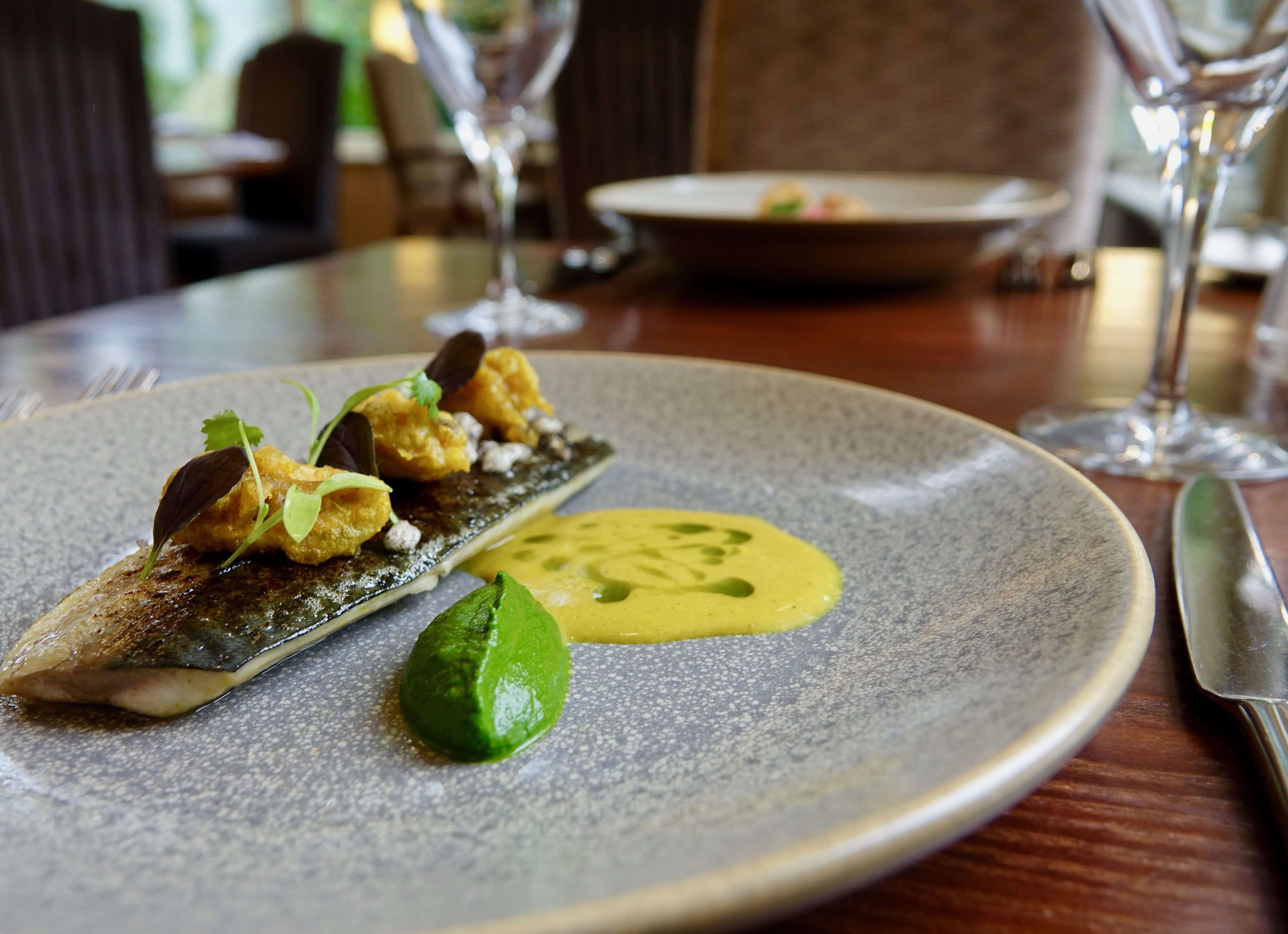 A beautifully plated grilled fish with sauces and garnishes.