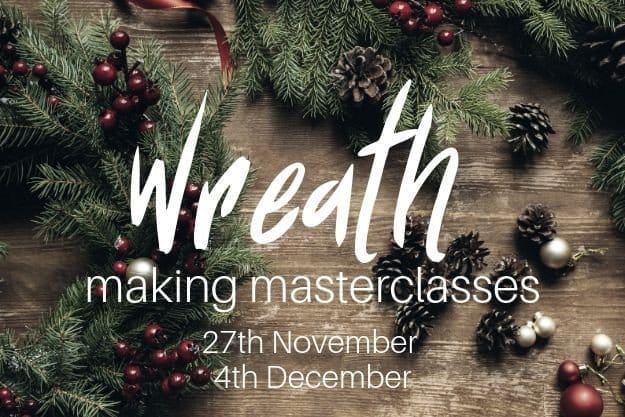Wreath making masterclasses announcement with festive decorations.