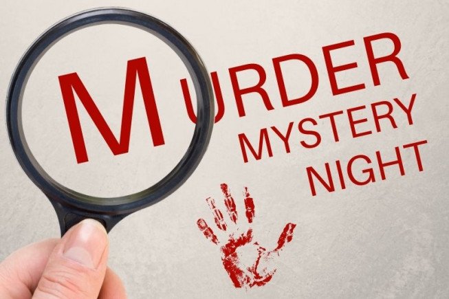 Magnifying glass over text 'Murder Mystery Night' with a handprint.